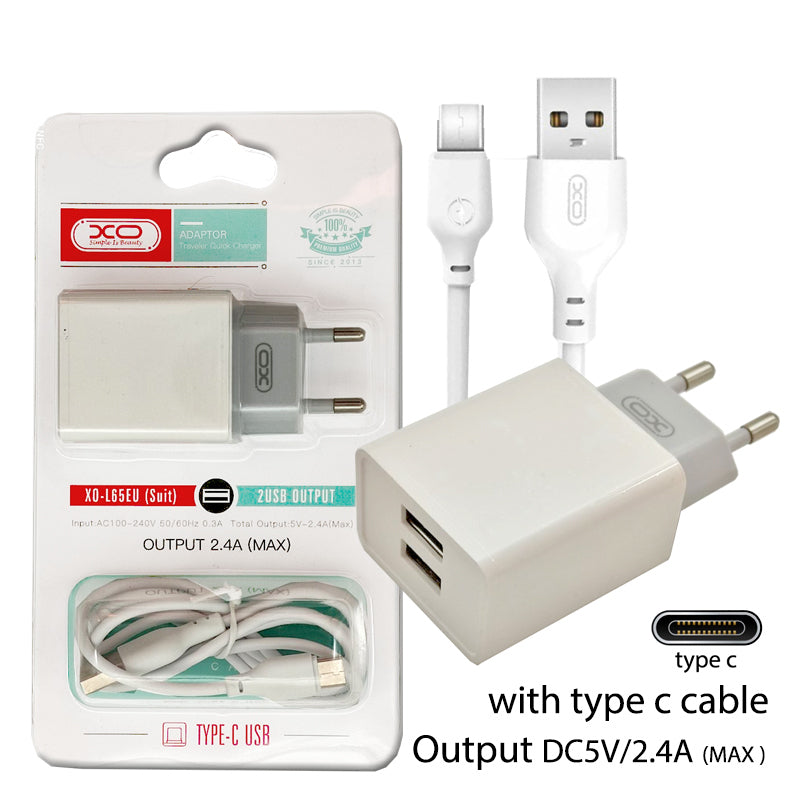 Φορτιστής με 2 Θύρες USB-A και Καλώδιο USB-C XO-L65EU